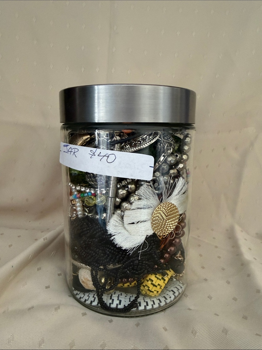 Mystery Glass Jar of Mixed Jewelry and Charms with Silver Lid -